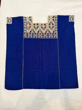 Handwoven Mexican Huipil – Royal Blue w/ Diamond Brocade